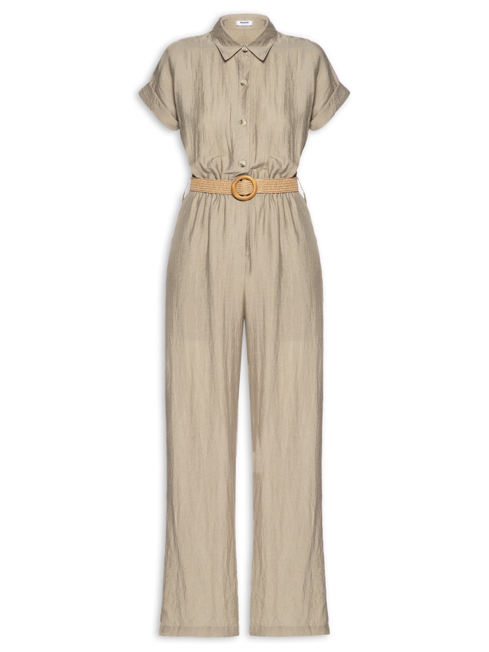 Macacão Feminino Com Cinto E Ombreiras - Bege