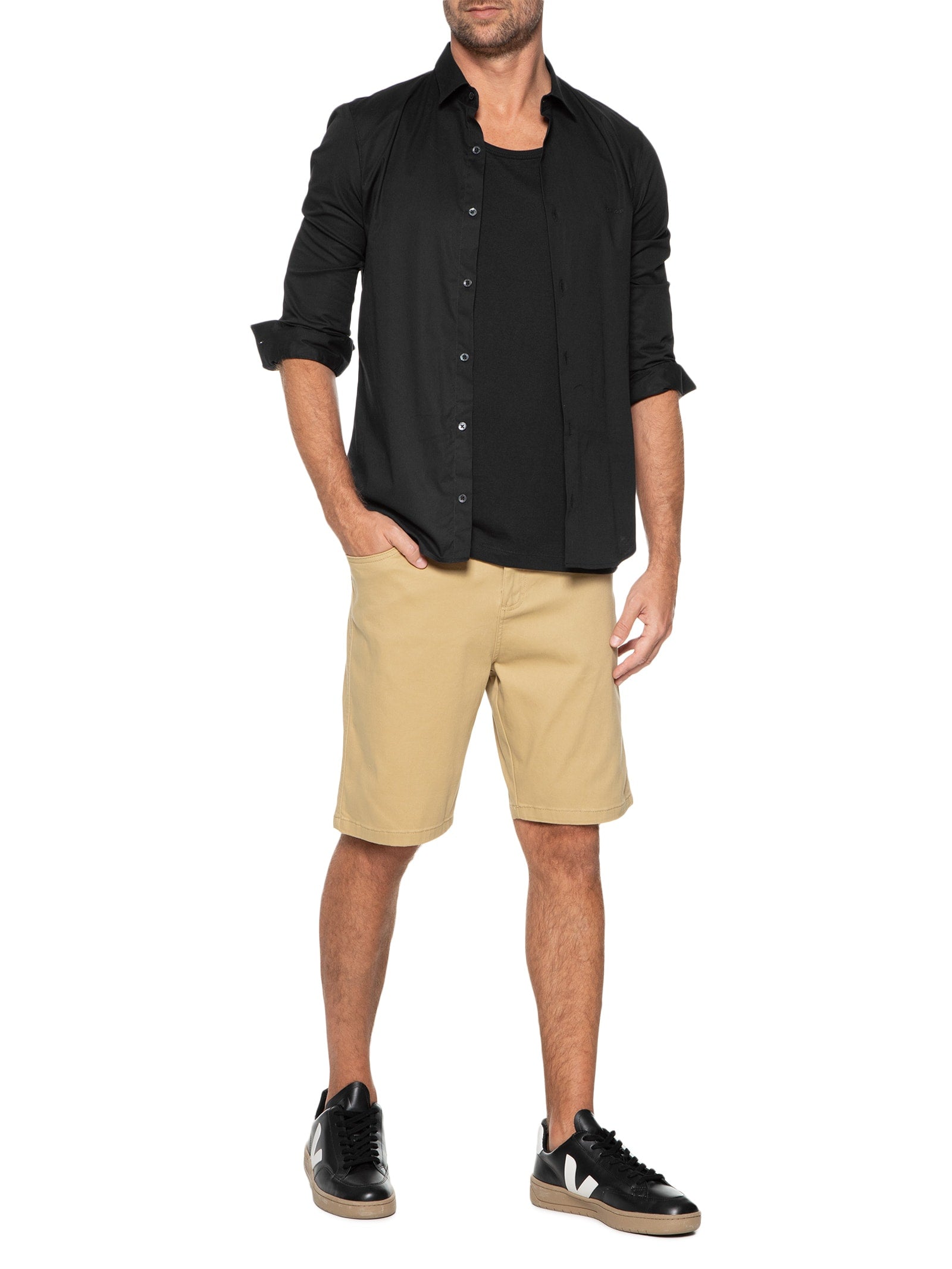 Bermuda Masculina Color Chino Curta Sarja Reat - Bege - Imagem 2