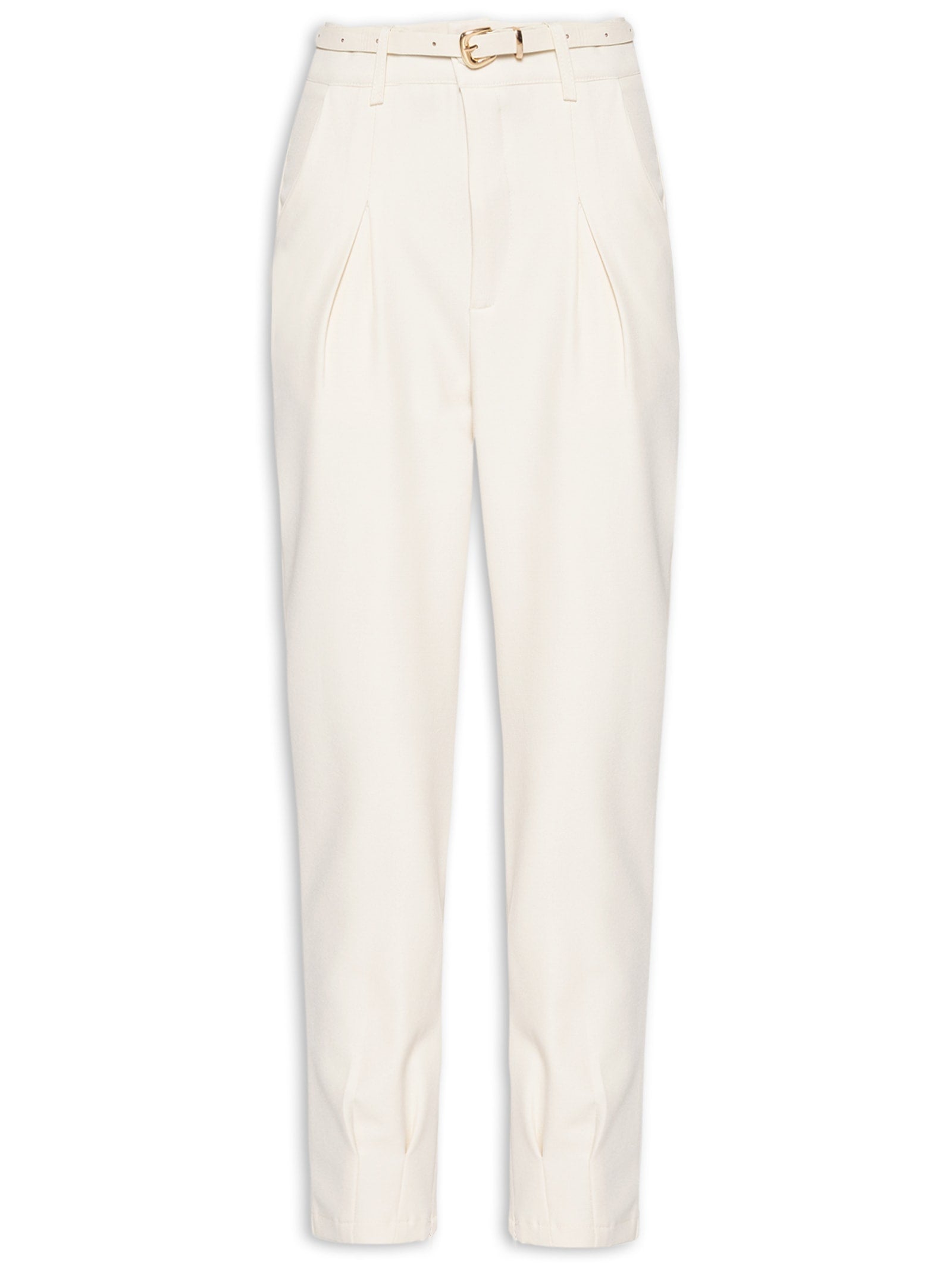 Calça Feminina Reta Pregueada com Cinto - Cinza