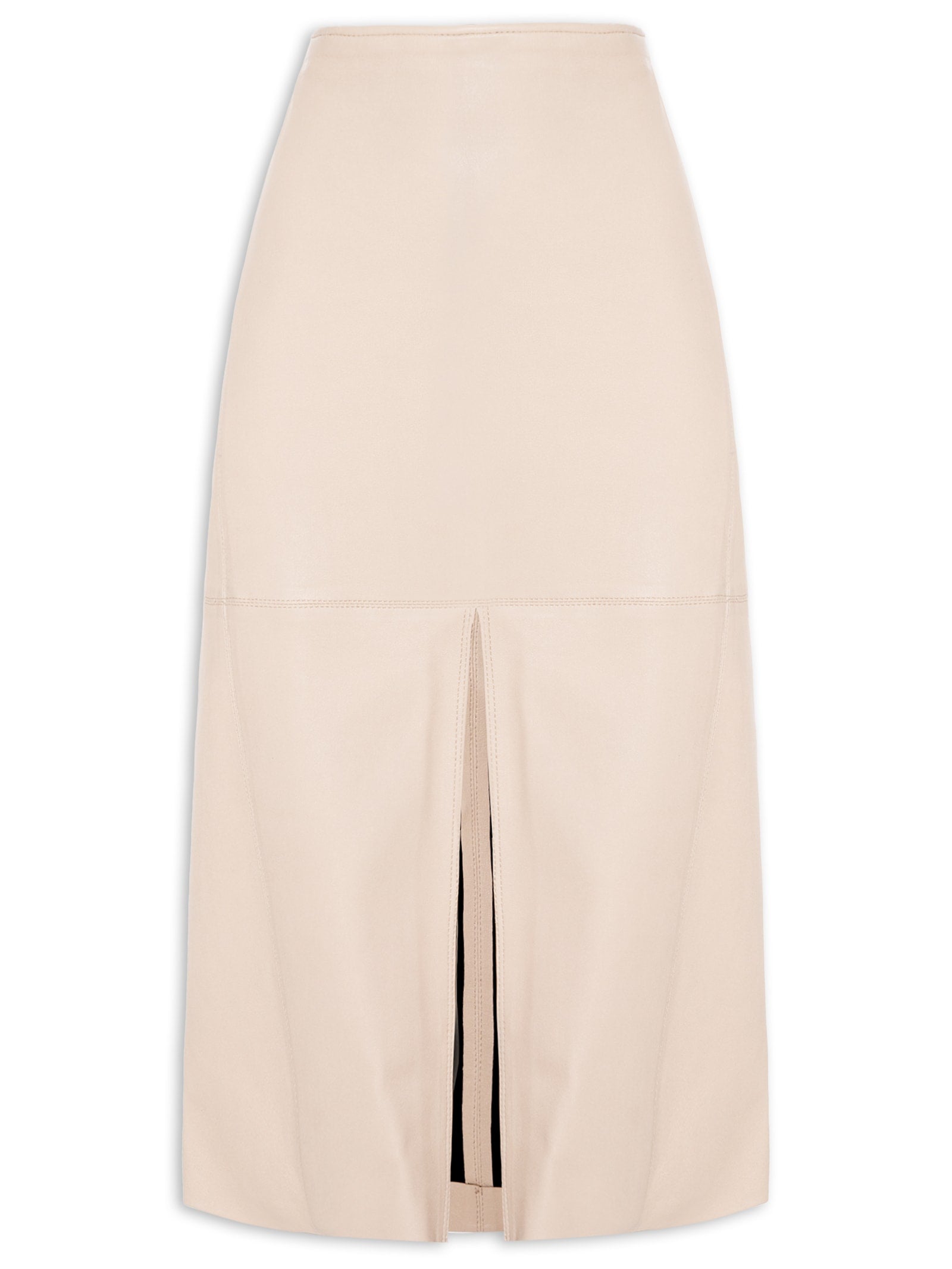 Saia De Couro Stretch Midi Fenda Frontal - Preto