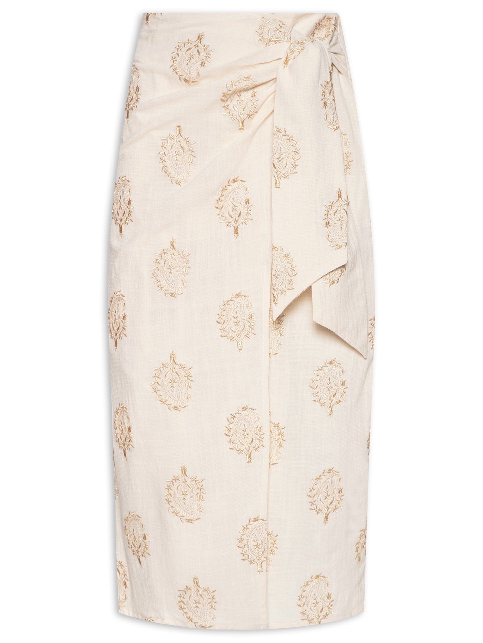 Saia Midi Em Linho Misto Bordado - Bege