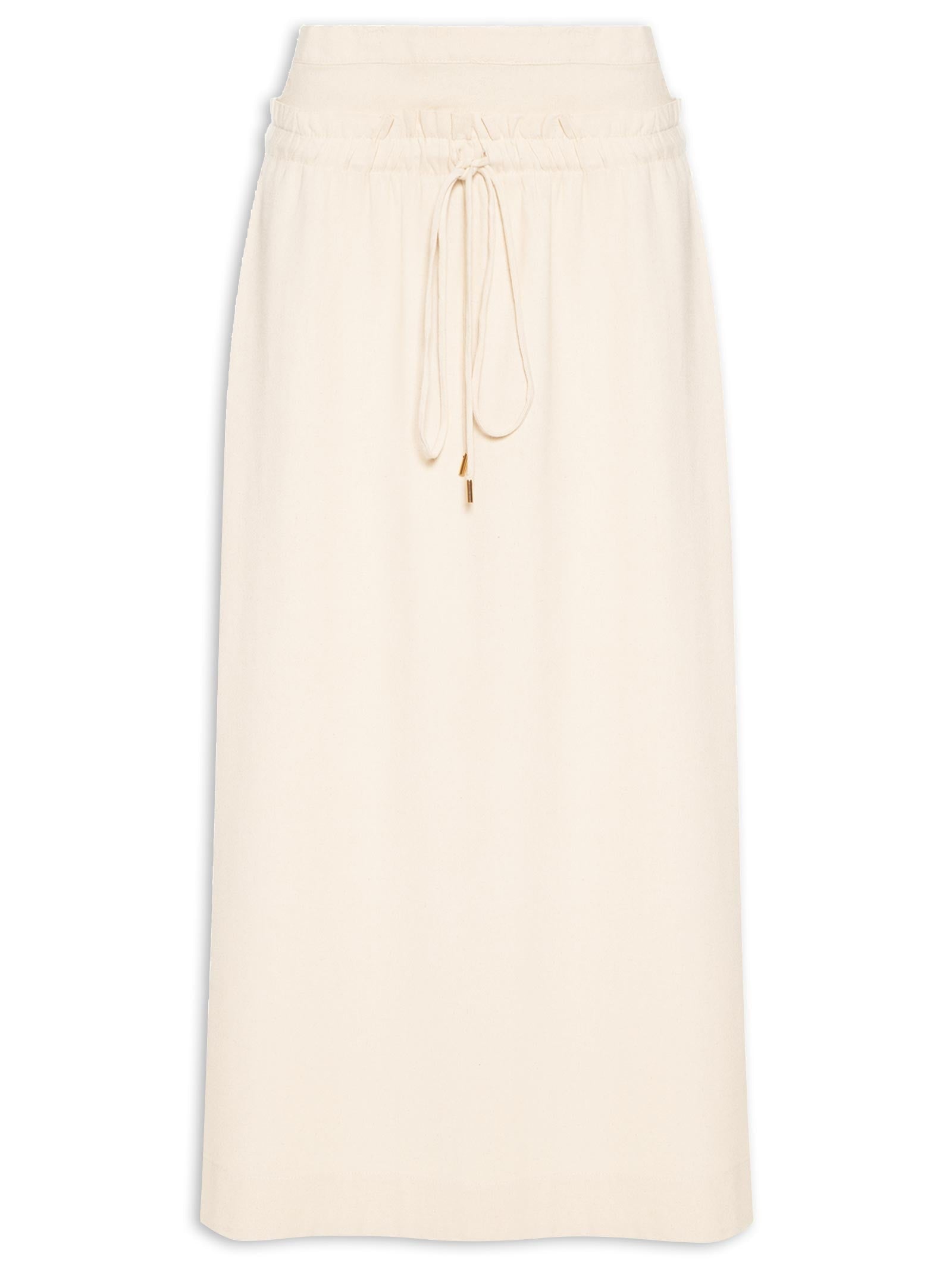 Saia Midi Em Linho Misto Bordado - Bege