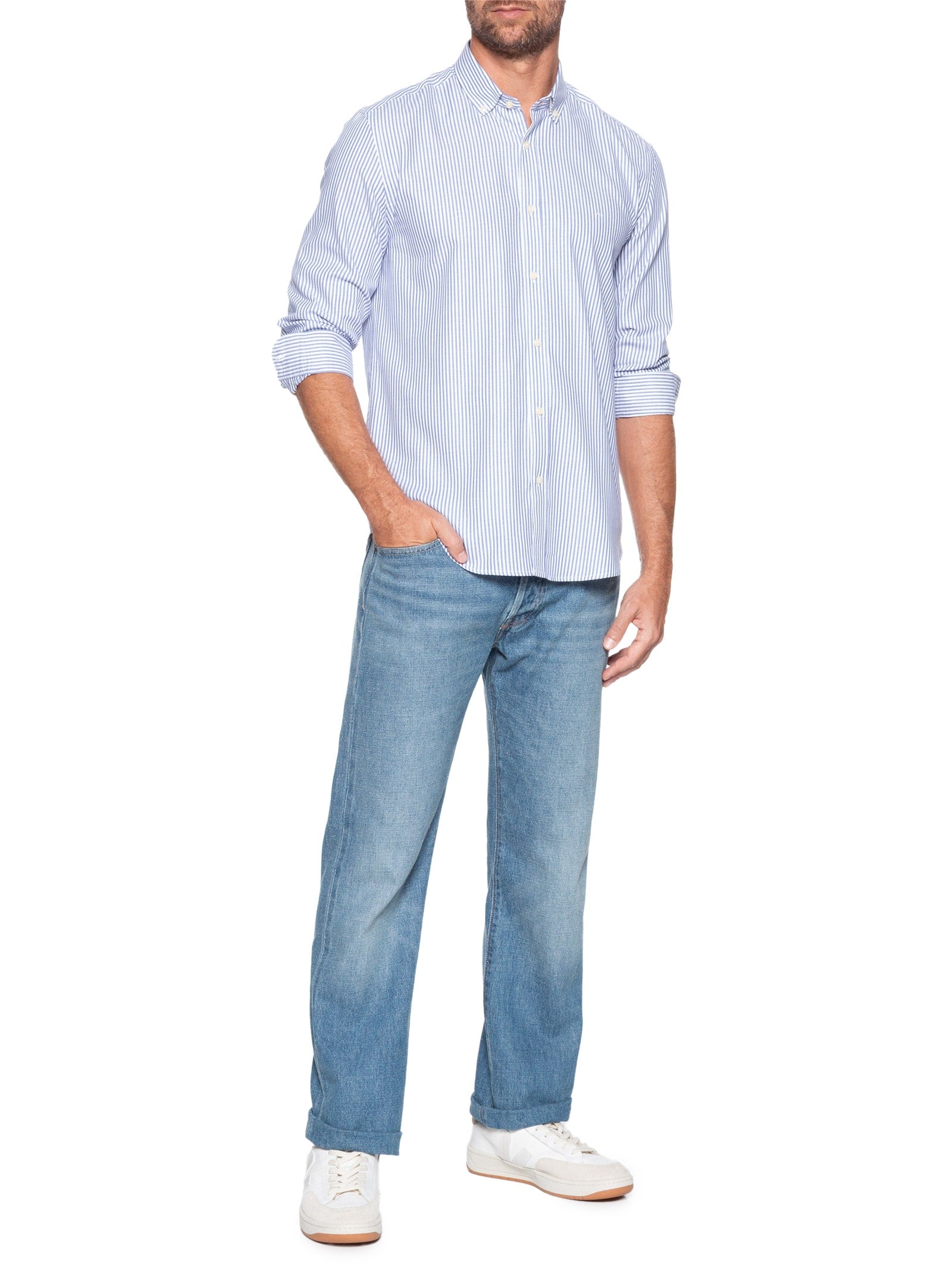 Camisa Masculina Button Down Regular Fit Listra Clássica - Azul