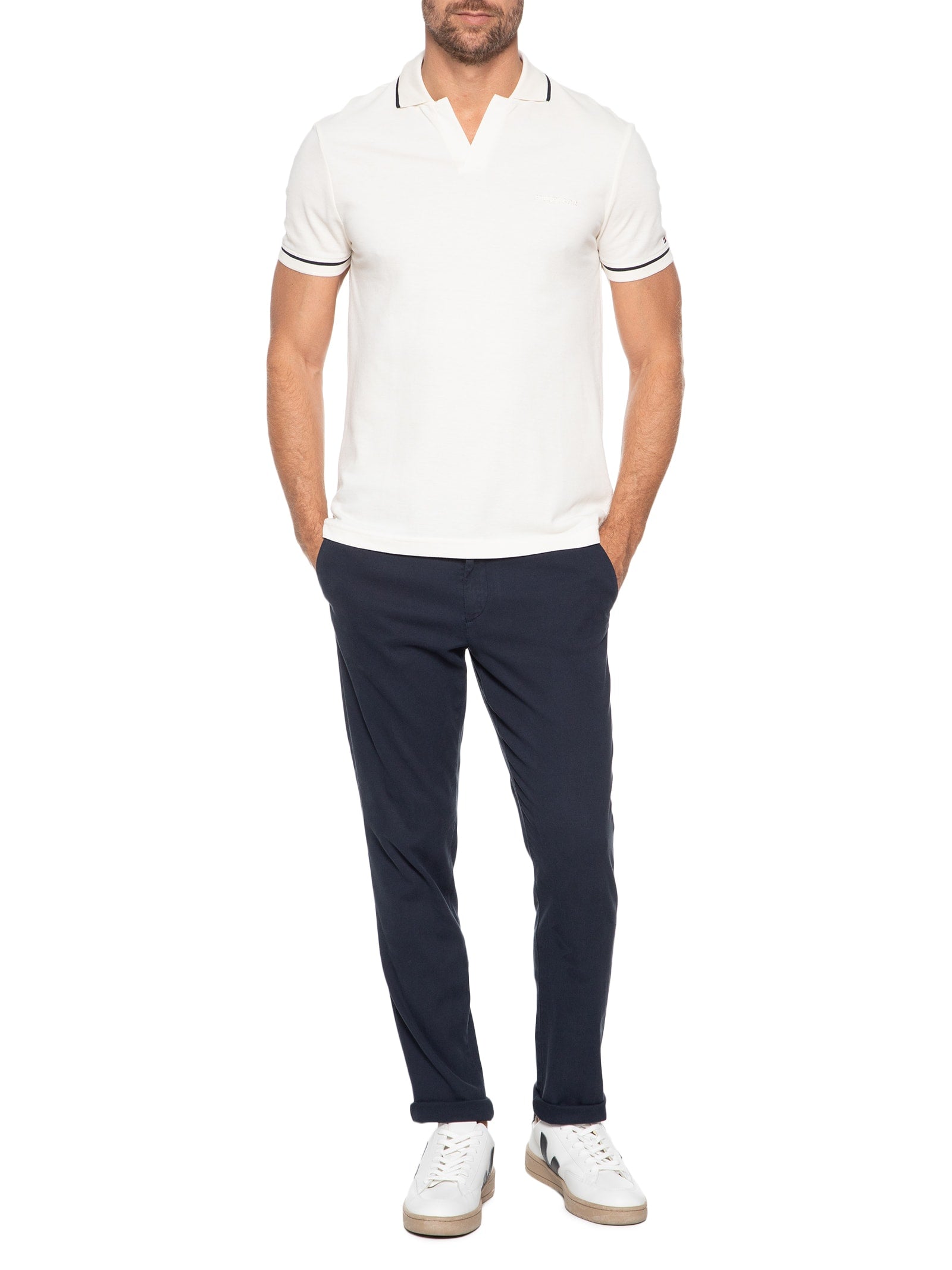 Polo Masculina Open Collar Regular Fit Com Friso - Off White