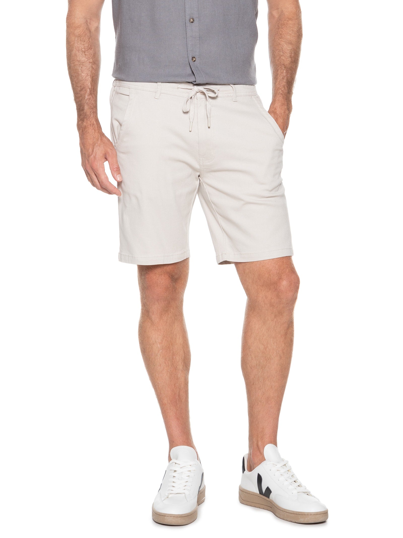 Bermuda Masculina Sarja Meio Elástico Básica - Bege - Imagem 3