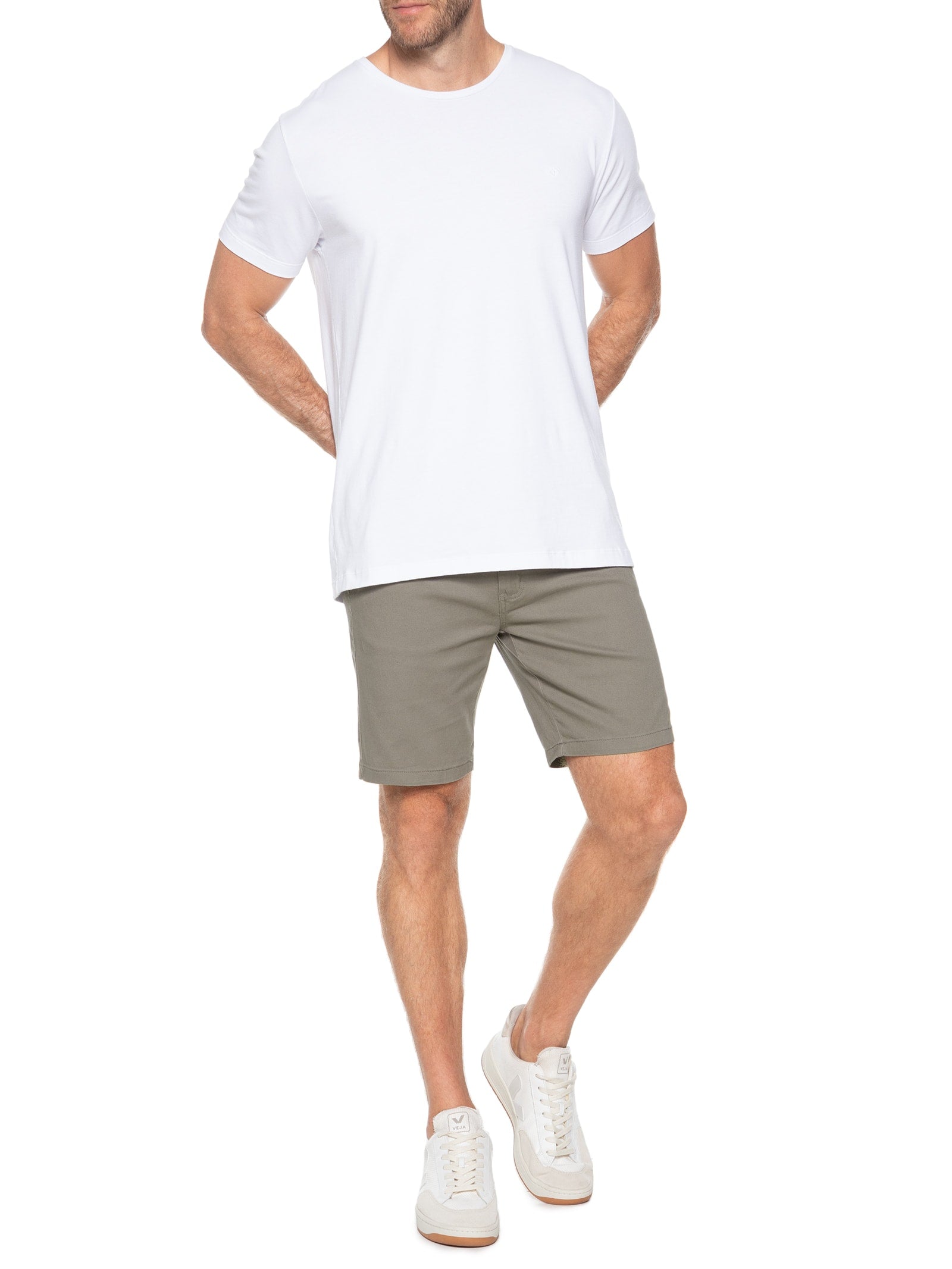 Bermuda Masculina Sarja Meio Elástico Básica - Bege - Imagem 2