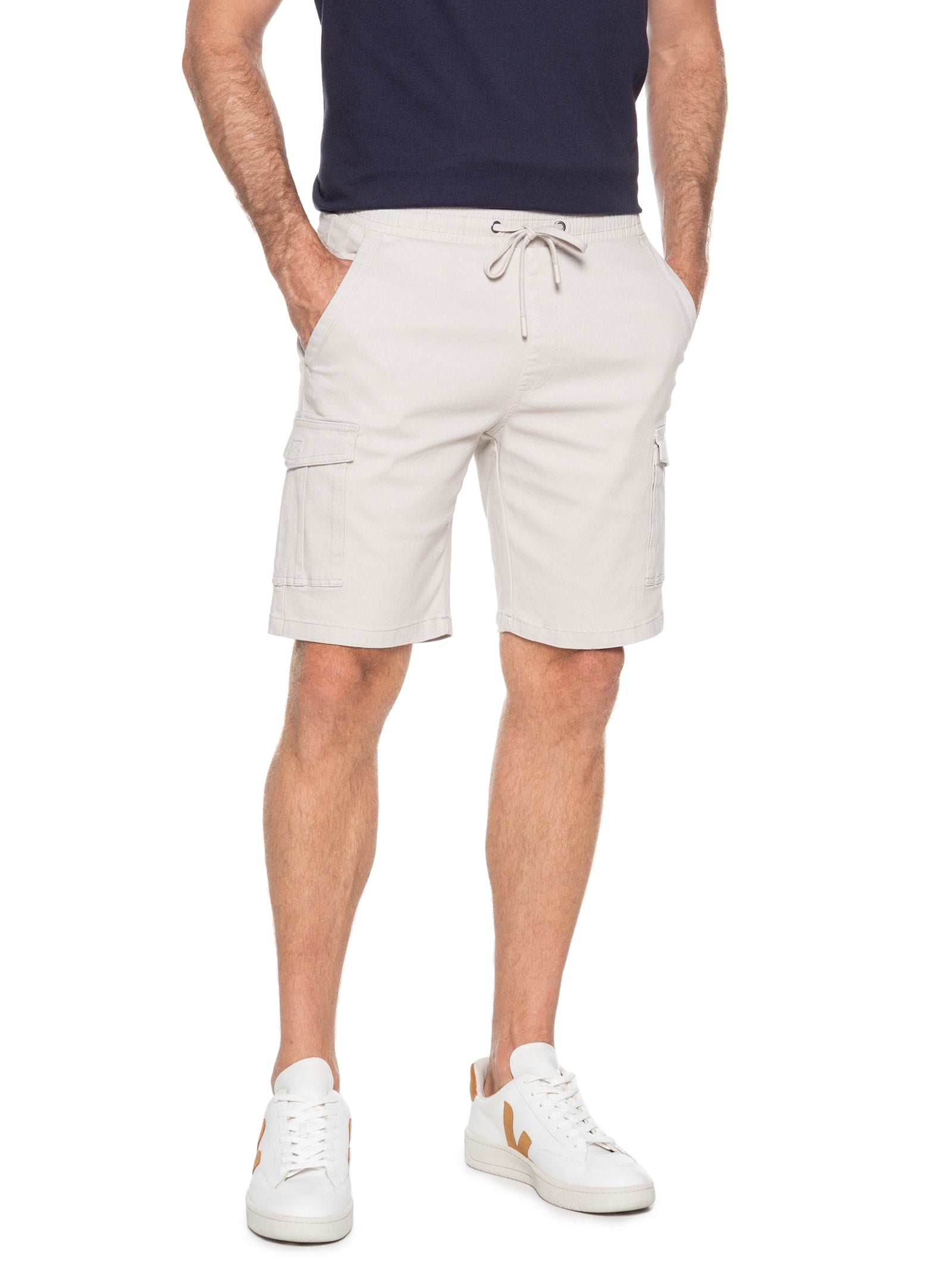 Bermuda Masculina Sarja Meio Elástico Cargo - Bege - Imagem 3