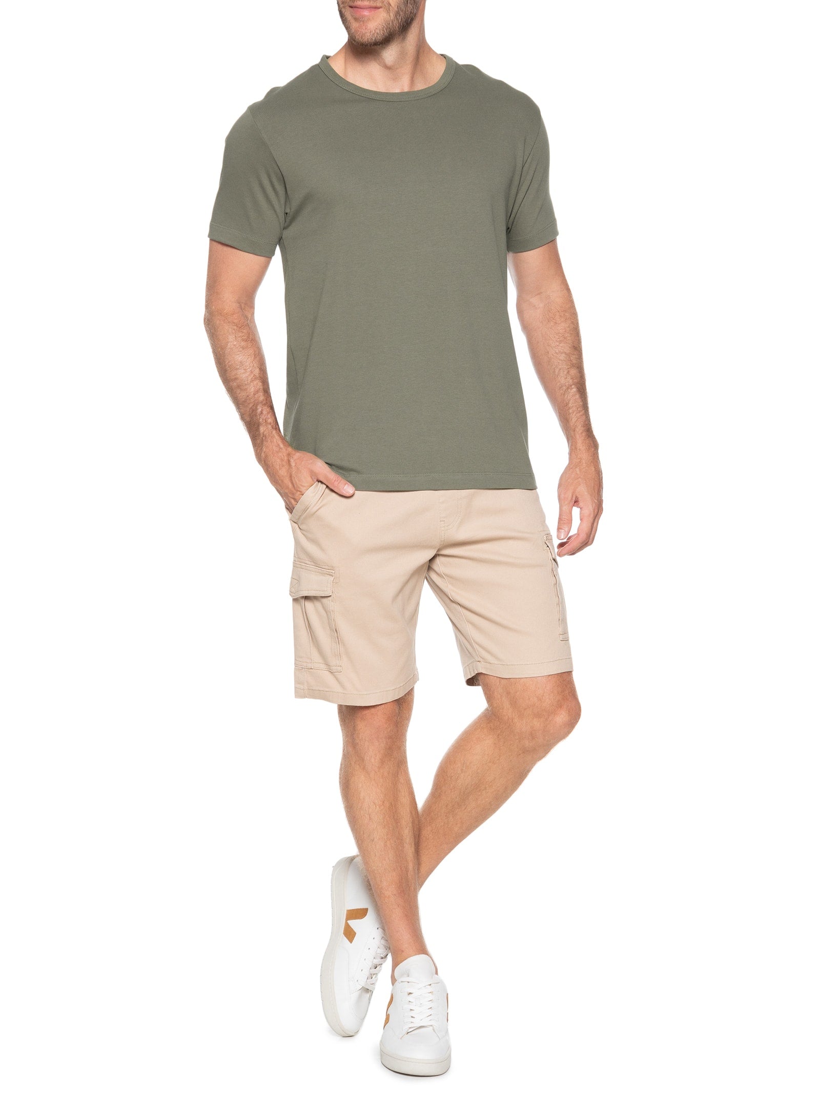 Bermuda Masculina Sarja Meio Elástico Cargo - Bege - Imagem 2