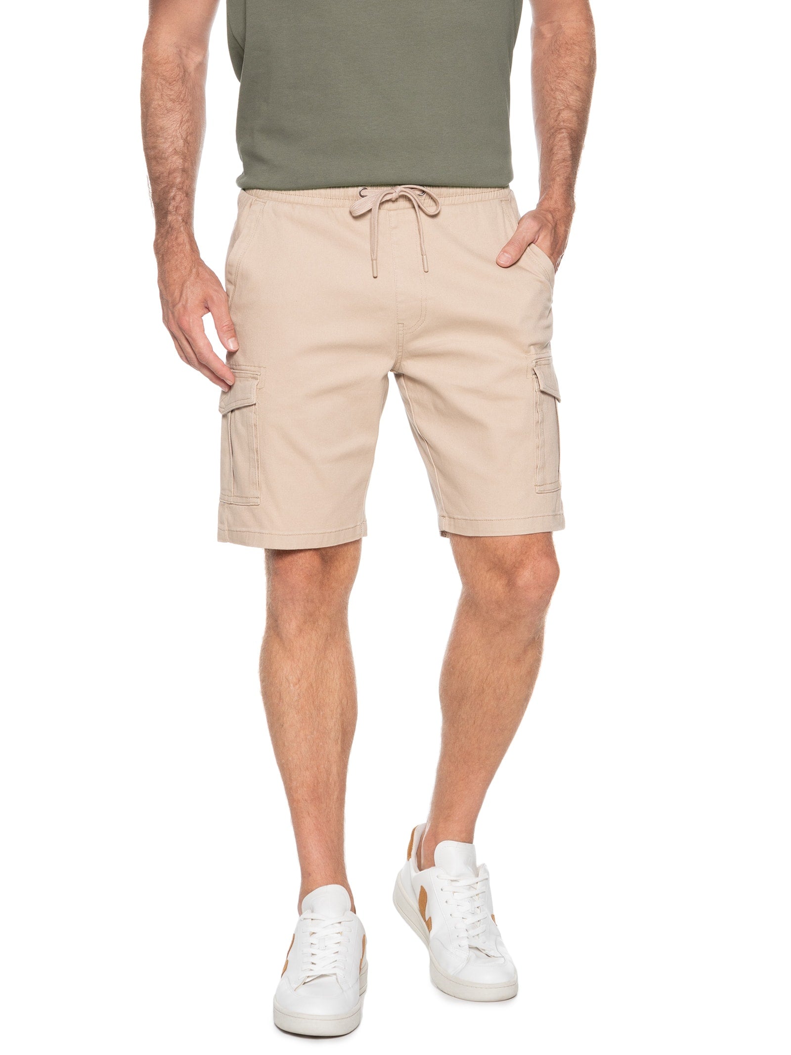 Bermuda Masculina Sarja Meio Elástico Cargo - Bege - Imagem 3