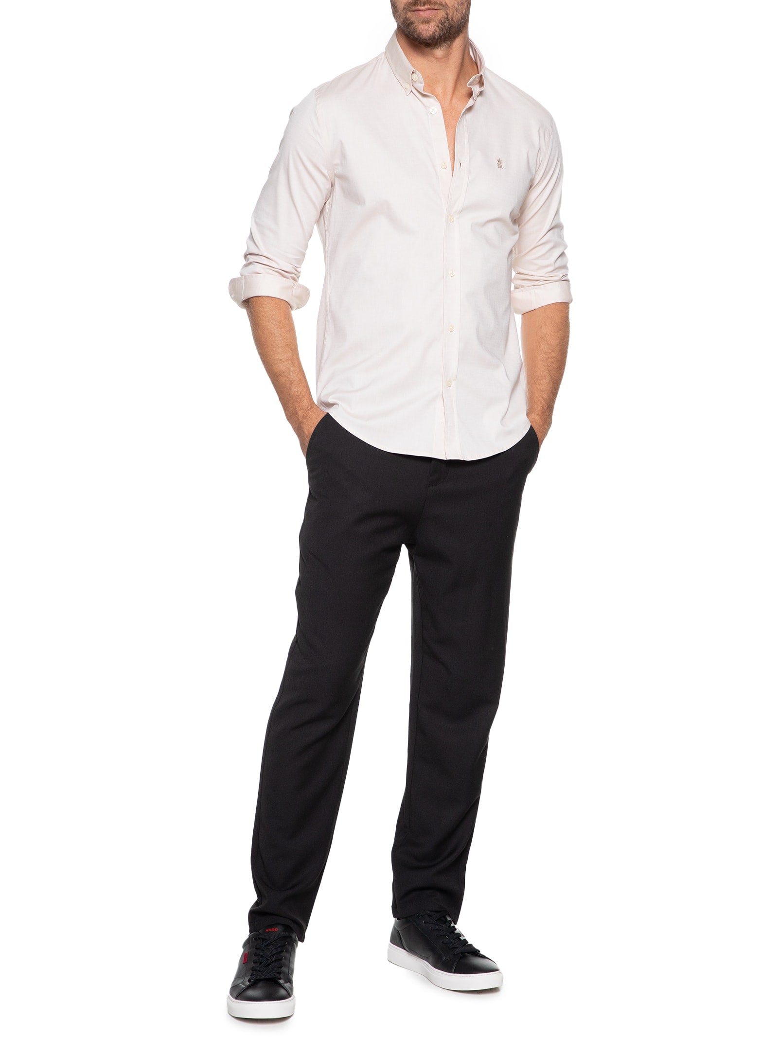 Camisa Masculina Slim Fit Button Down Em Oxford Com Elastano - Bege