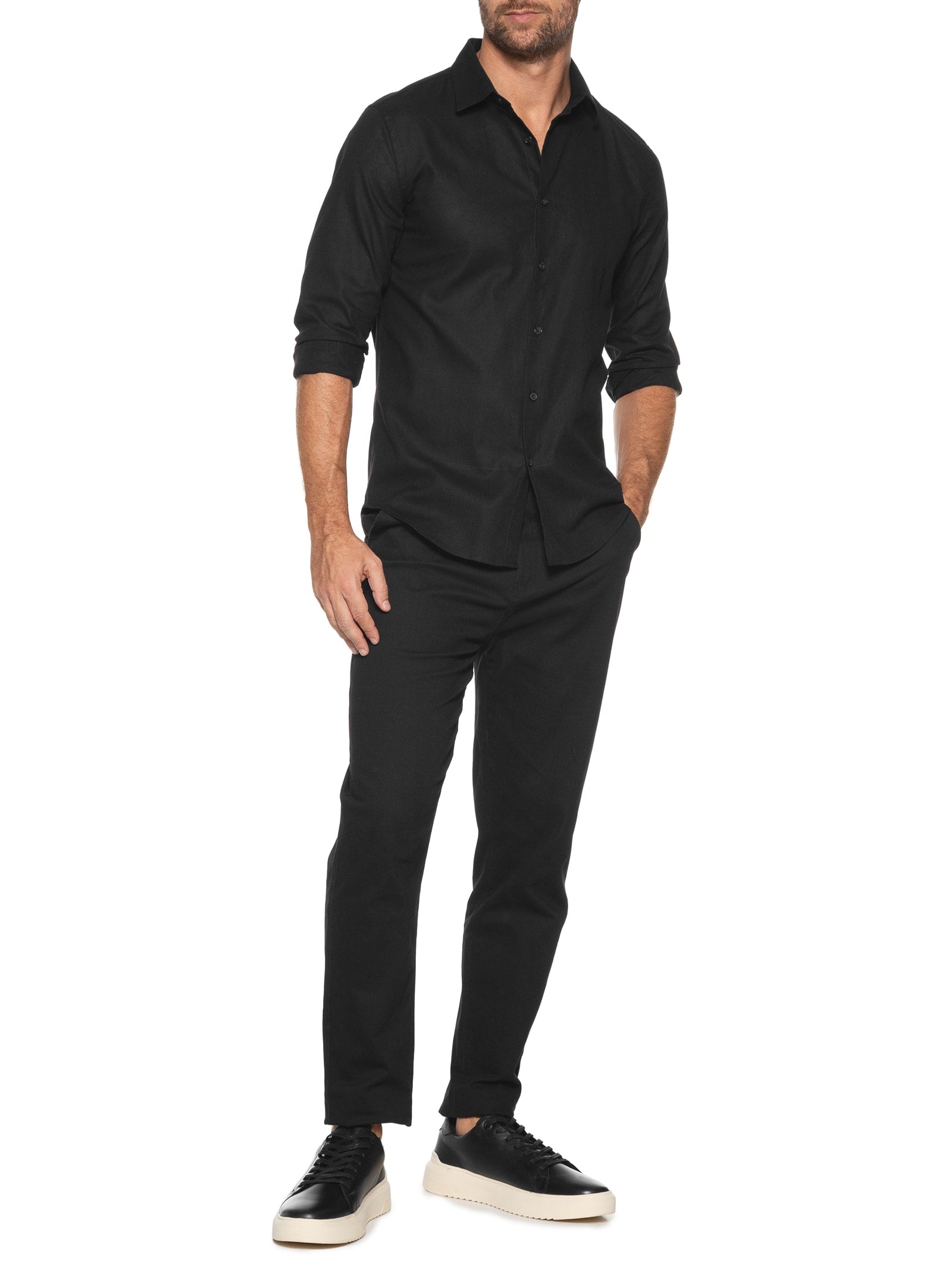 Camisa Masculina Em Linho - Preto