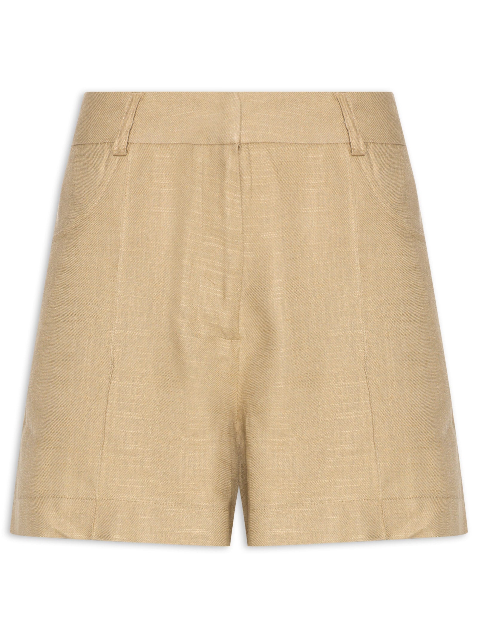 Short Feminino Cintura Alta Em Linho Misto Bordado - Bege