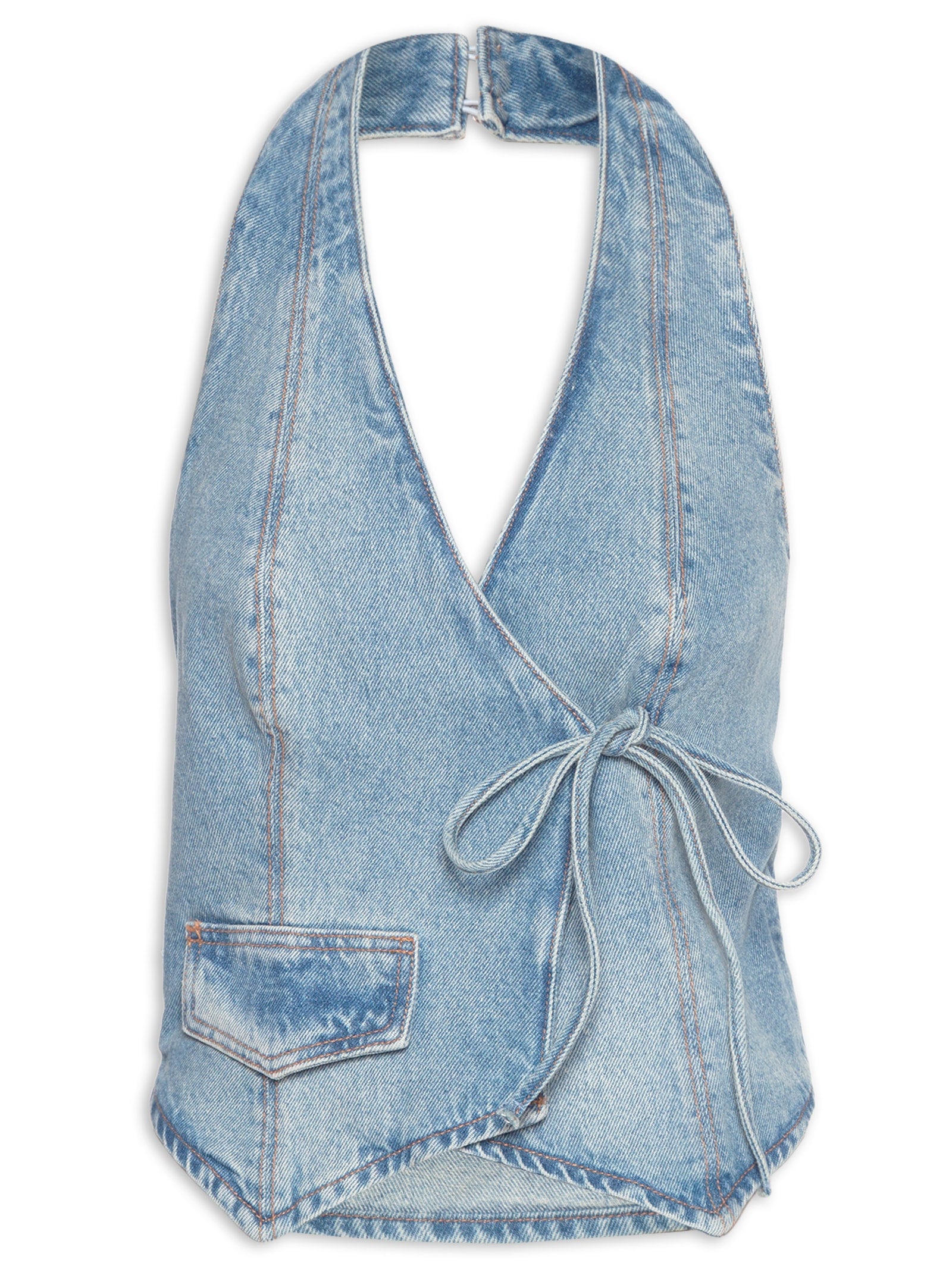 Blusa Feminina Cropped Decote Amarração Malha Canelada - Azul