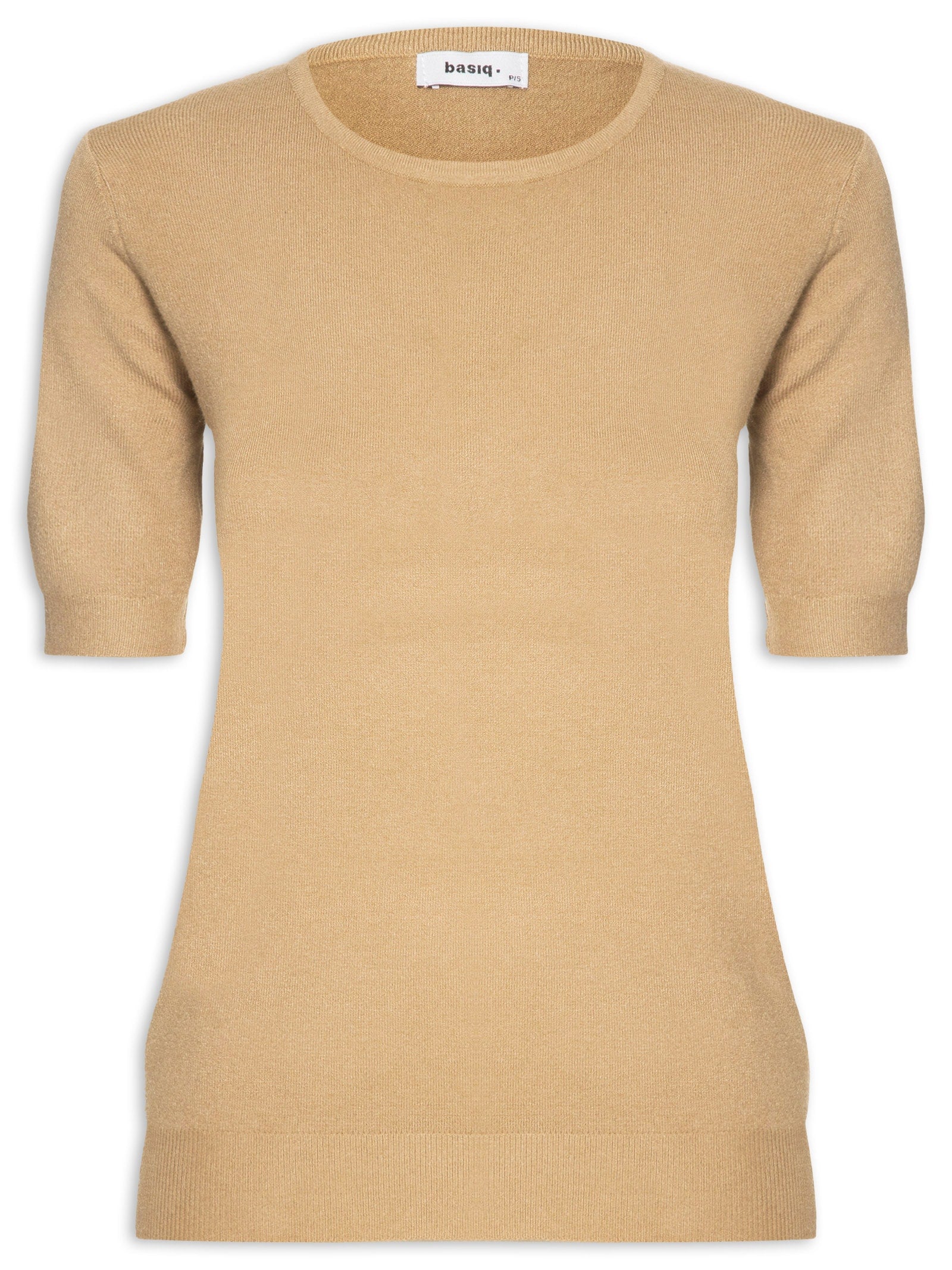 Camiseta Feminina Tricot Gola Alta Manga Curta - Bege