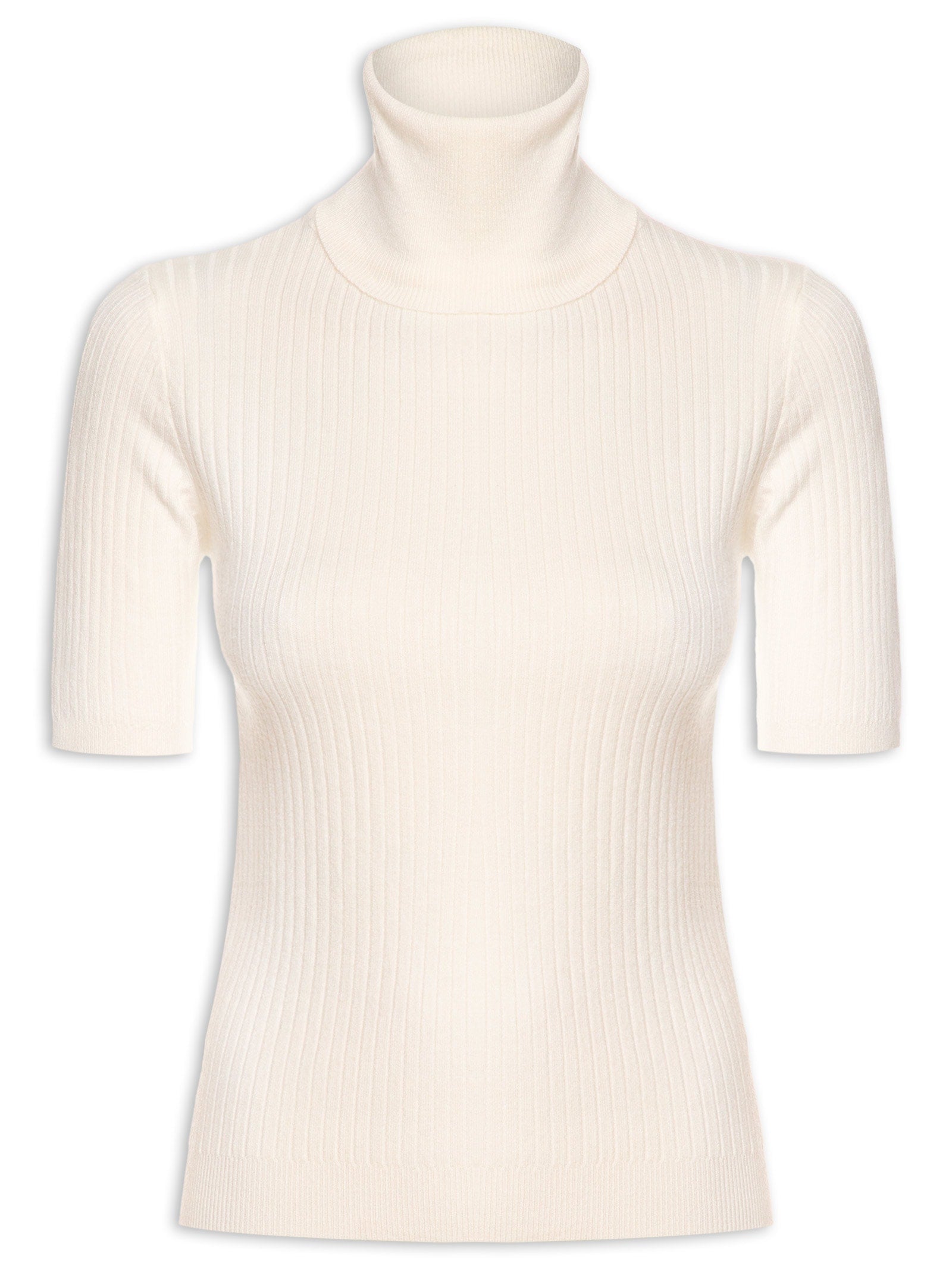 Blusa Feminina Tricot Gola Alta Canelada Manga Curta - Azul