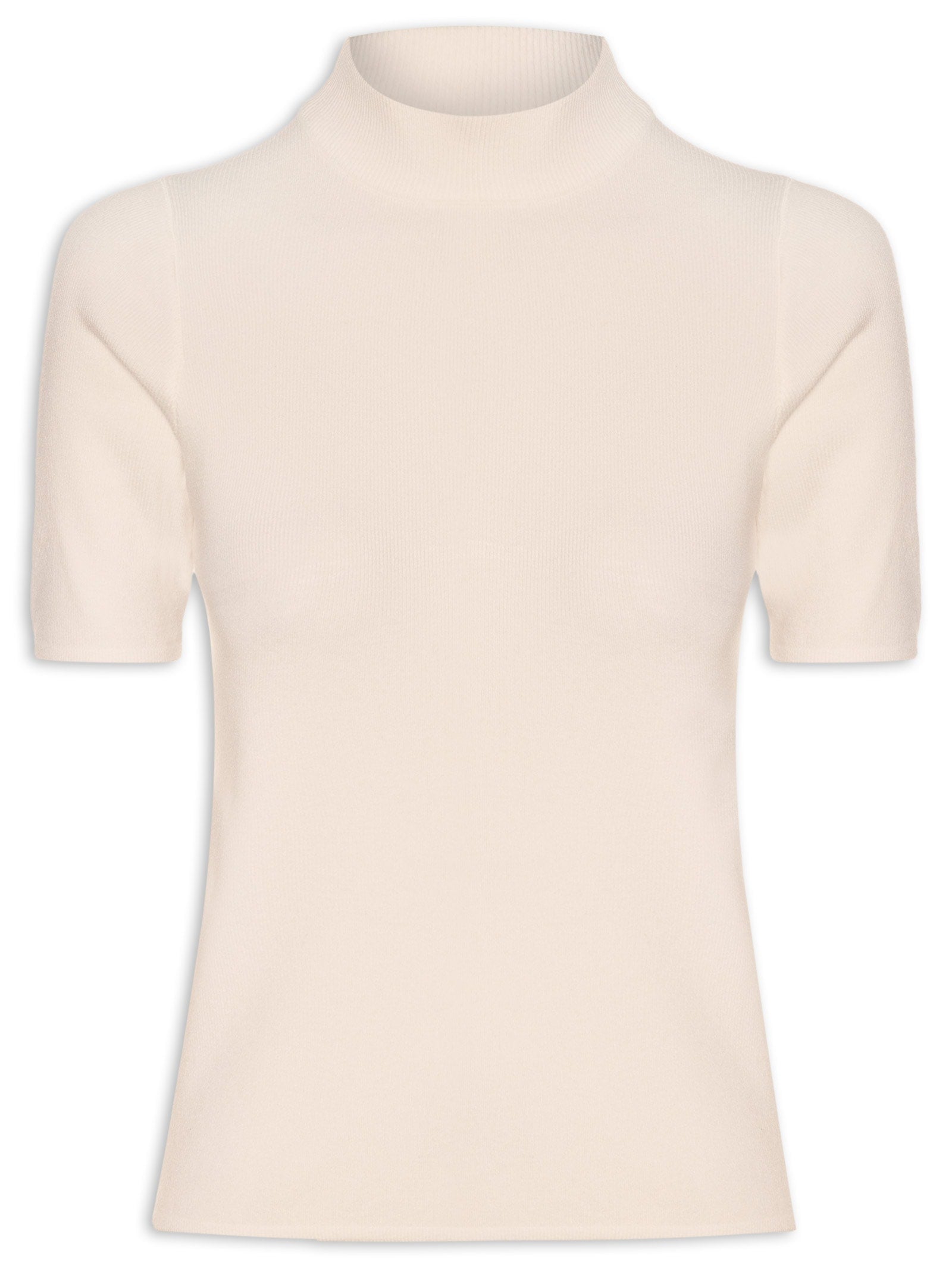 Blusa Feminina Tricot Gola Alta Canelada Manga Curta - Bege