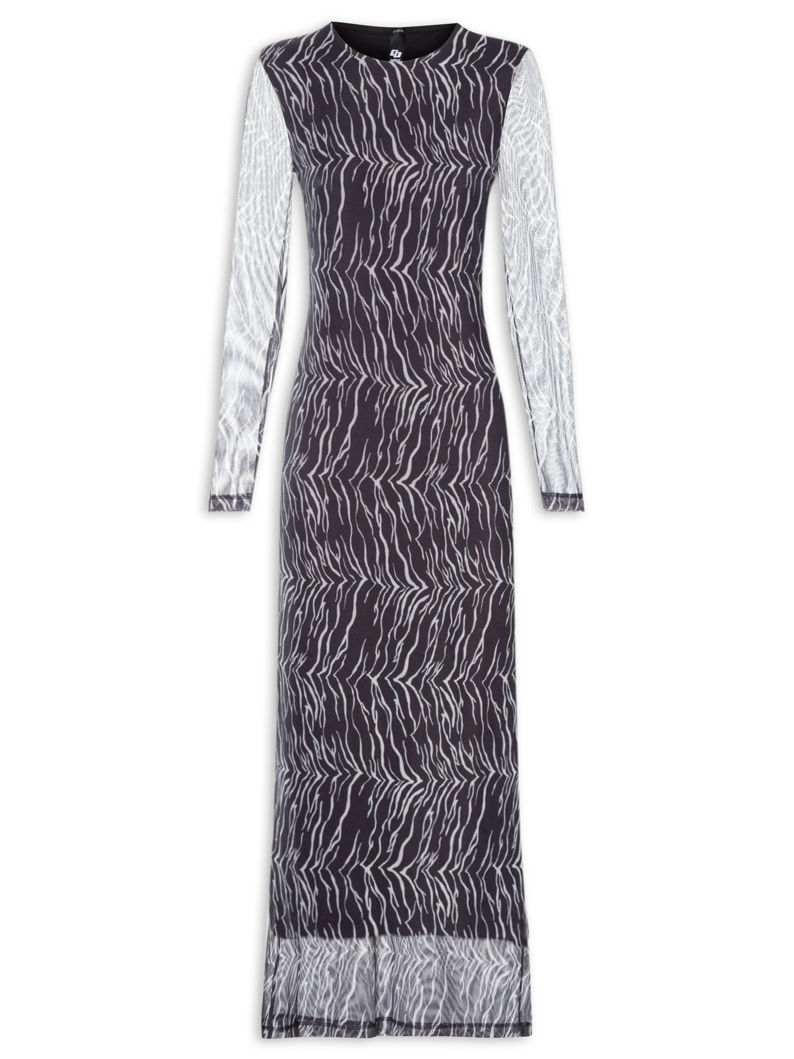 Vestido Manga Longa Tule Estampado - Preto