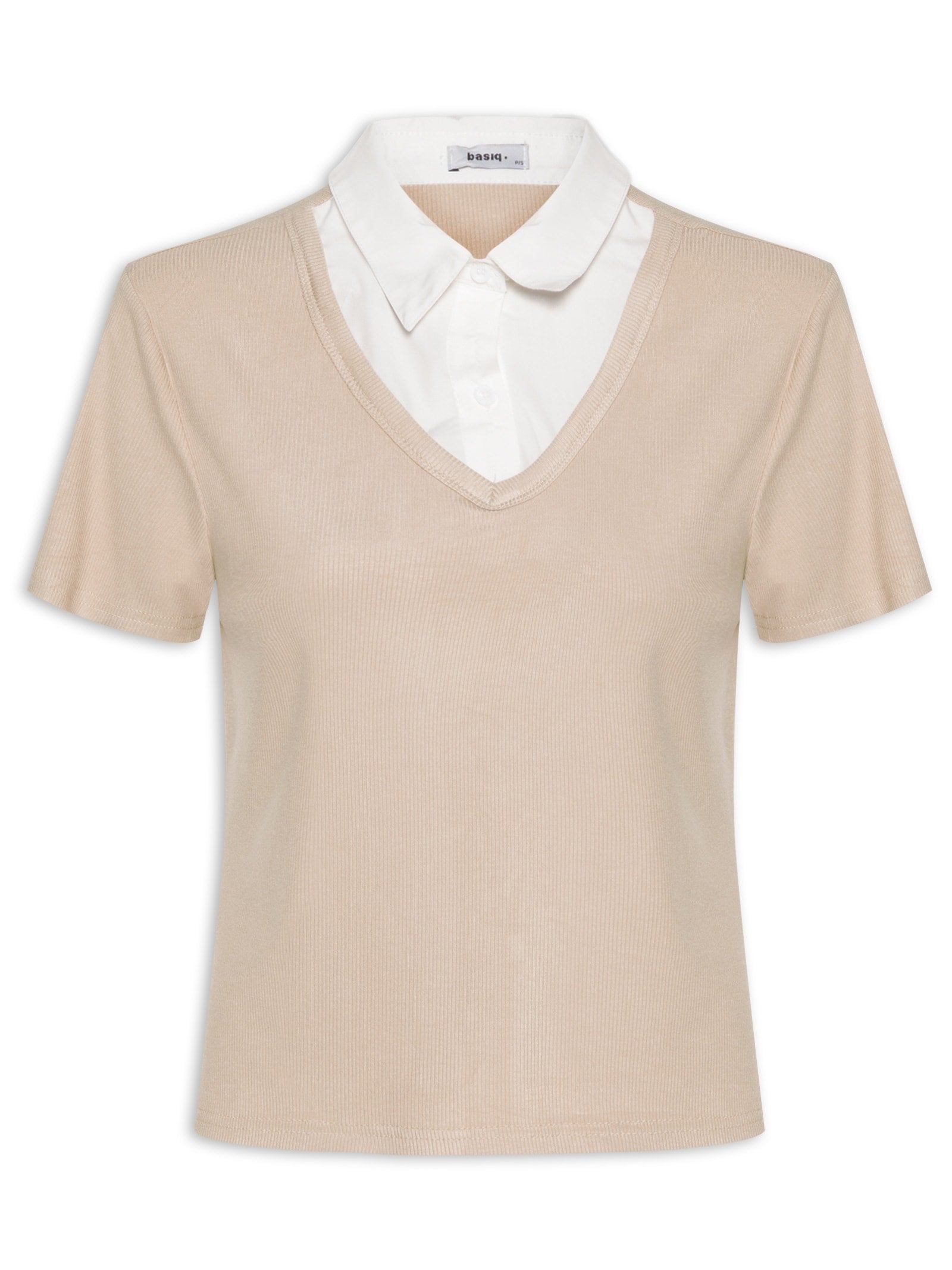 Blusa Feminina Canelada Gola Sobreposta Manga Curta - Branco