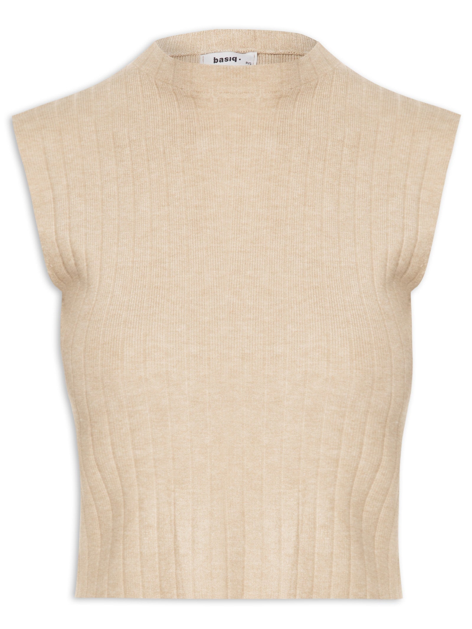 Blusa Feminina Tricot Gola Alta Canelada Manga Curta - Bege