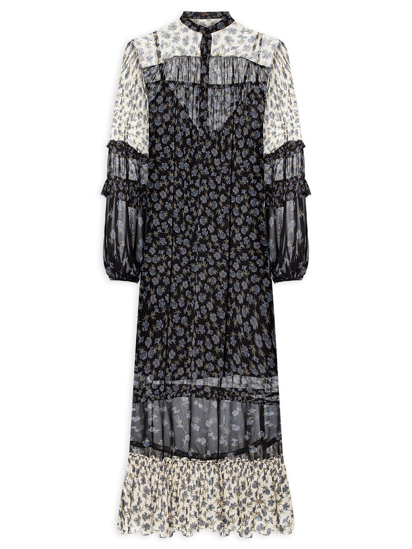 Vestido Concept Babados Floral Jardim - Preto