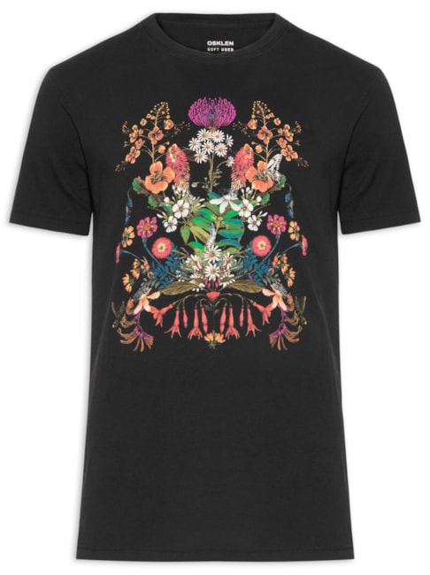 Camiseta Masculina Manga Curta Soft Used Floral Ciclo - Preto