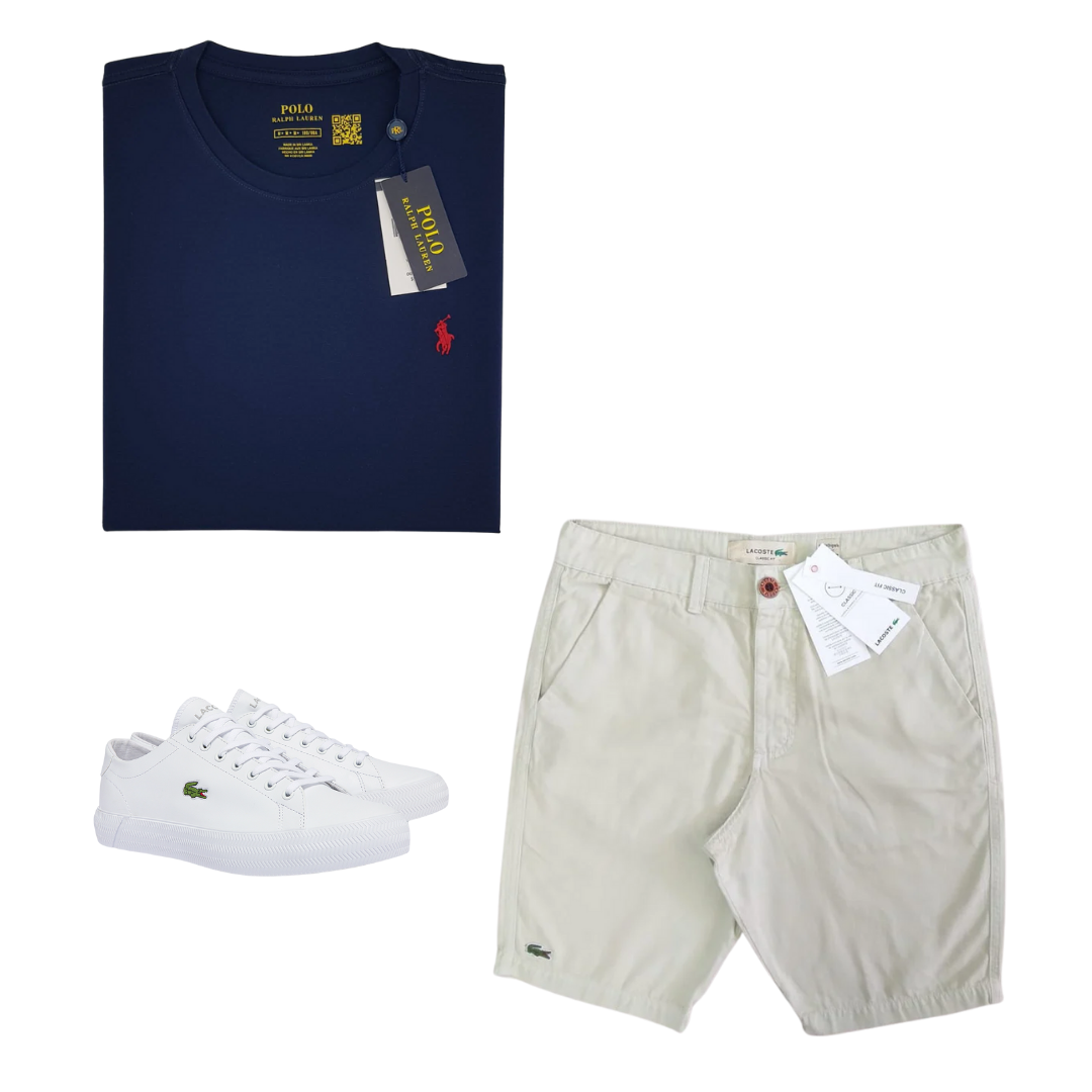 Combo Polo Ralph Lauren + Bermuda e Tênis Lacoste – Casual Premium