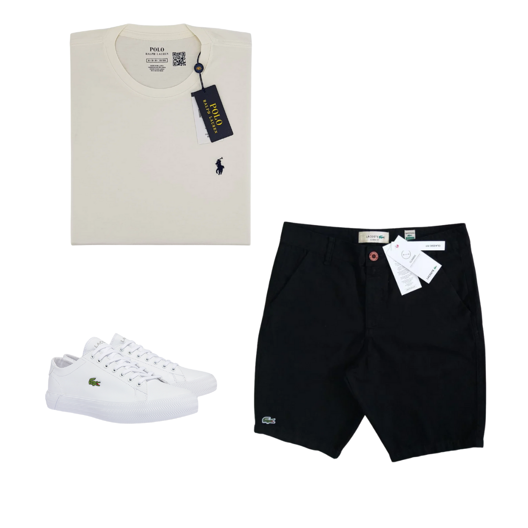 Combo Polo Ralph Lauren + Bermuda e Tênis Lacoste – Casual Premium