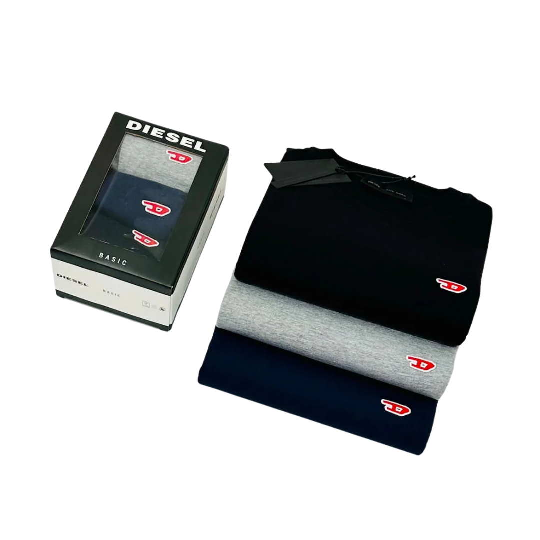 Kit 3 Camisetas Diesel Basic – Preto, Cinza e Azul Marinho