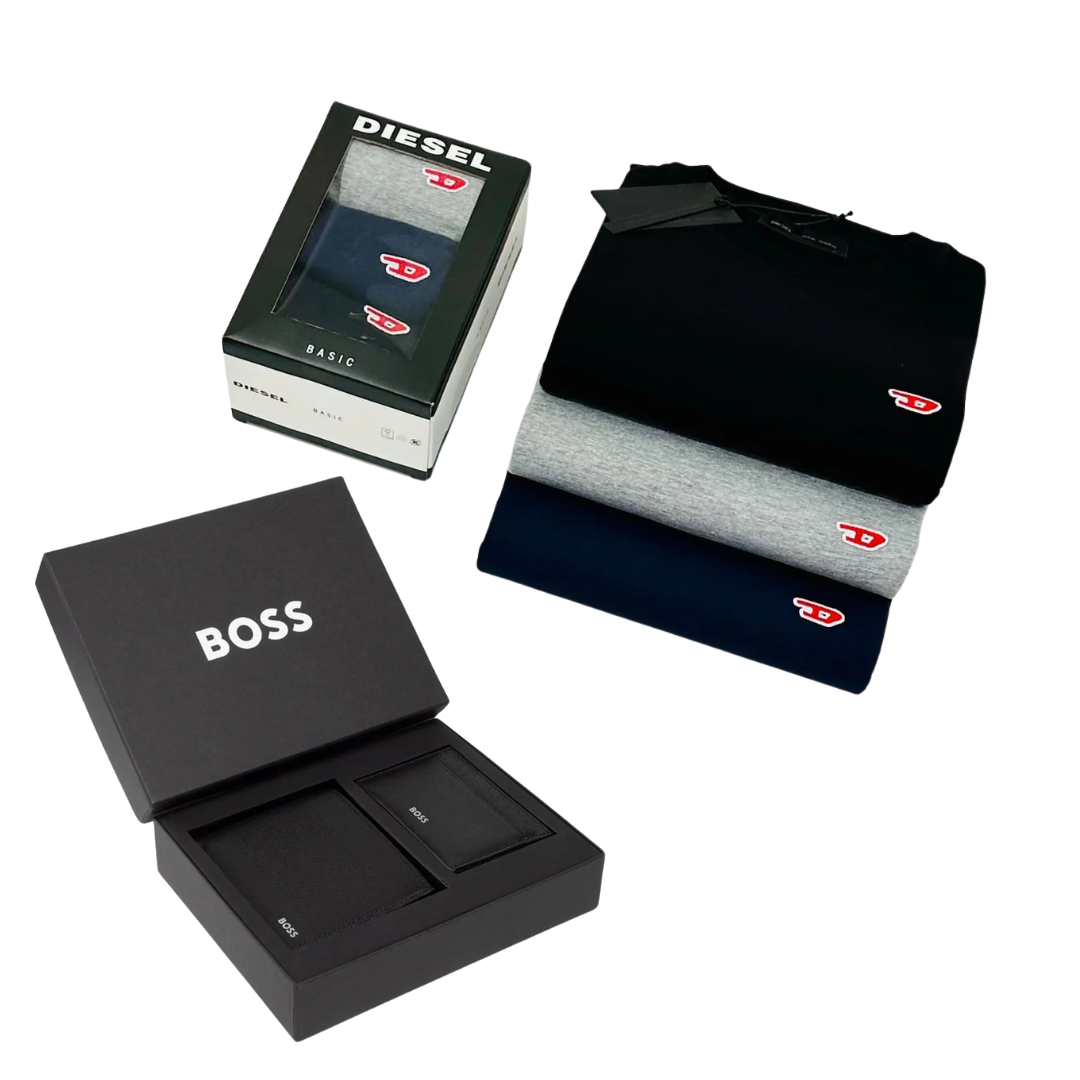 Kit Presente Masculino – 3 Camisetas Diesel + Carteira Hugo Boss