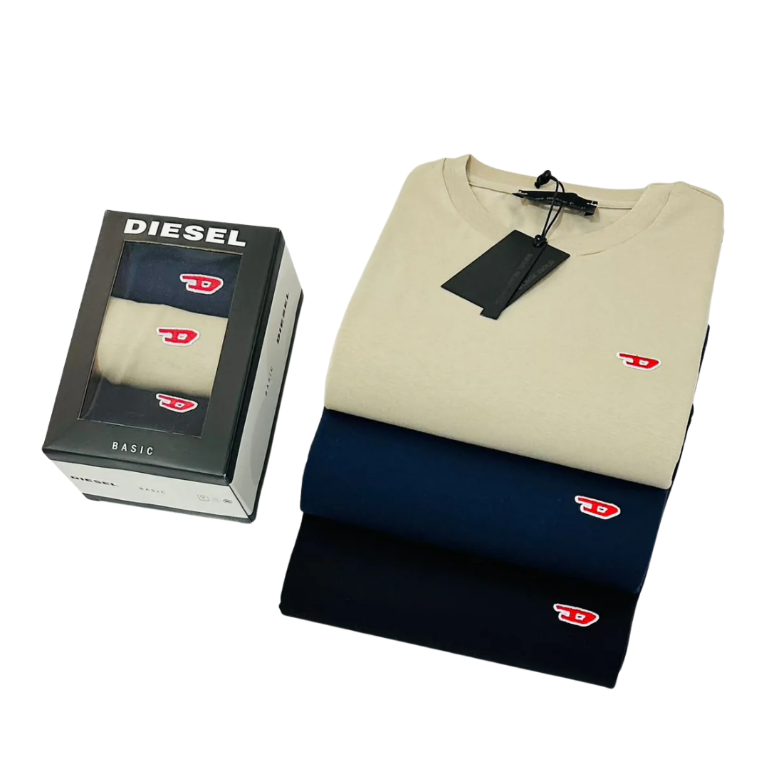 Kit 3 Camisetas Diesel Basic – Preto, Branco e Azul Marinho