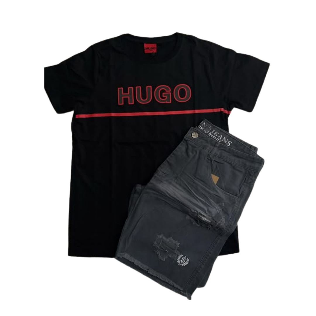 Kit Hugo Boss – Camiseta Preta + Bermuda Jeans Destroyed